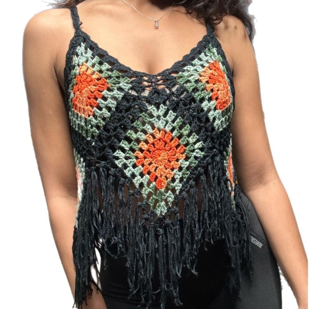 Vivid Granny Square Crochet Fringe Top